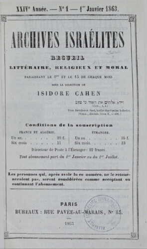 Archives israélites de France. Vol.24 N°01 (01 jan. 1863)